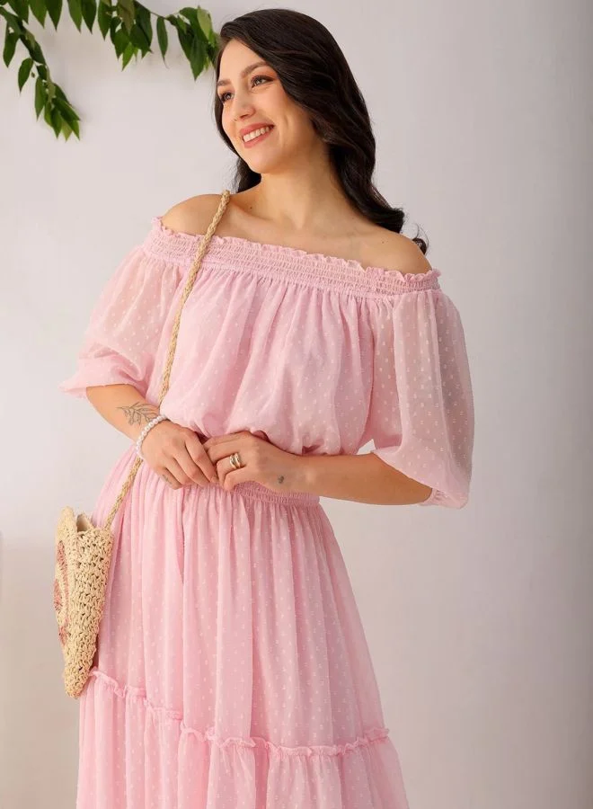 Freehand  Women Fit and Flared Solid Boat Neck Short Sleeve Tiered Dress for Women | Best Price UAE