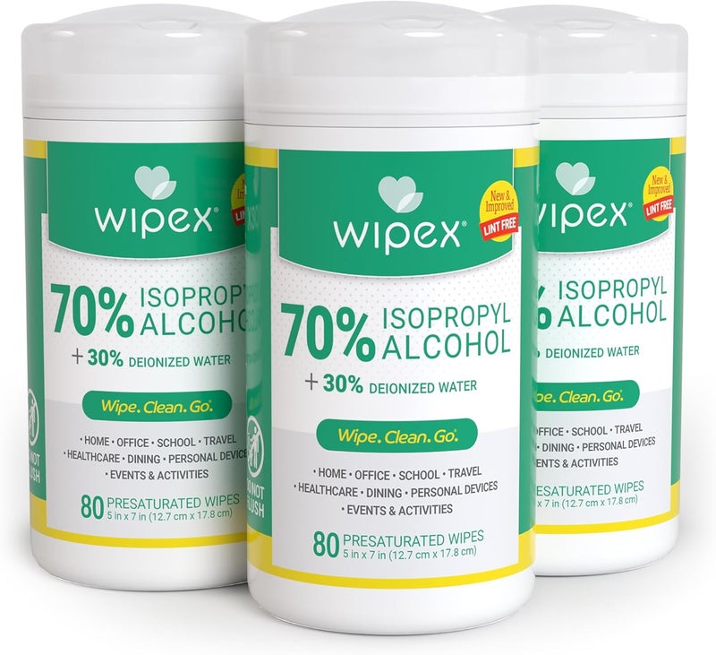Wipex 70% Isopropyl Alcohol Wipes for Electronics - 80ct Large Lint Free IPA Wipes in Sealed Canister to clean Surfaces, Electronics, Computer Screens, Glasses, 80 Count (Pack of 3) - Image 1