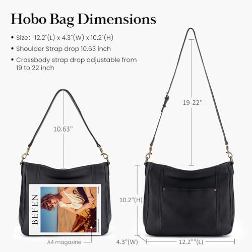 befen حقائب هوبو كروس بودي جلدية حقيقية سوداء للنساء من بيفن، حقائب جلدية عتيقة، حقيبة كتف مع 2 حزام كتف - Image 4