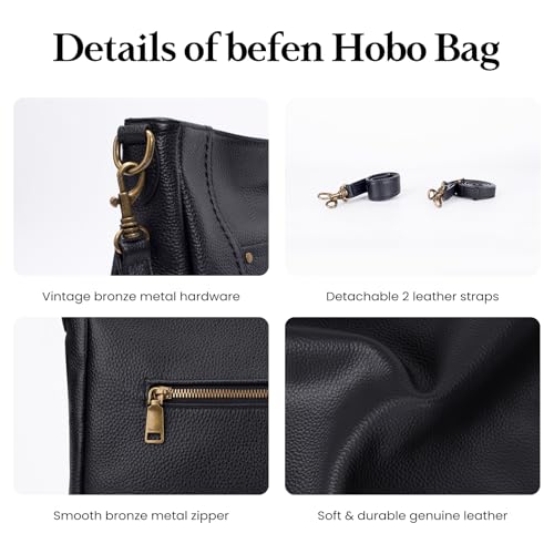 befen حقائب هوبو كروس بودي جلدية حقيقية سوداء للنساء من بيفن، حقائب جلدية عتيقة، حقيبة كتف مع 2 حزام كتف - Image 5