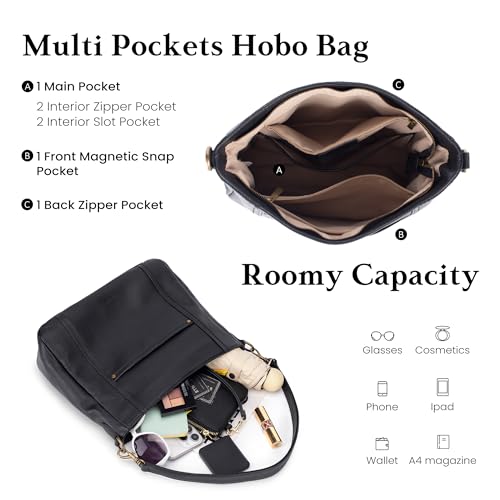 befen حقائب هوبو كروس بودي جلدية حقيقية سوداء للنساء من بيفن، حقائب جلدية عتيقة، حقيبة كتف مع 2 حزام كتف - Image 3