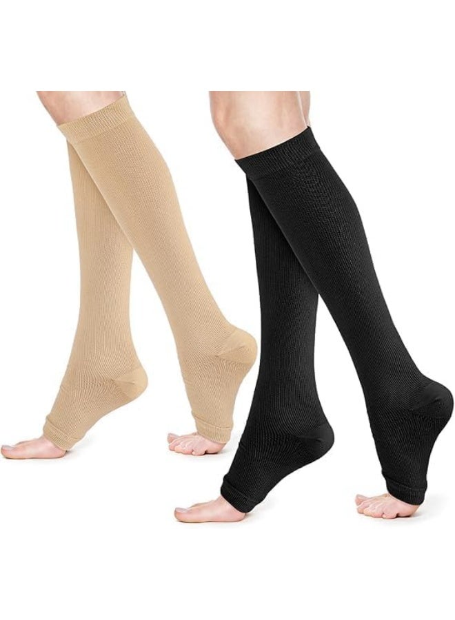 BIGTHREE 2Pairs Compression Socks, Open-Toe Medical Compression Stockings, Open Toe Compression Socks, Give Graduated Support for Travel, Flight, Running, and Varicose Veins. - Image 1