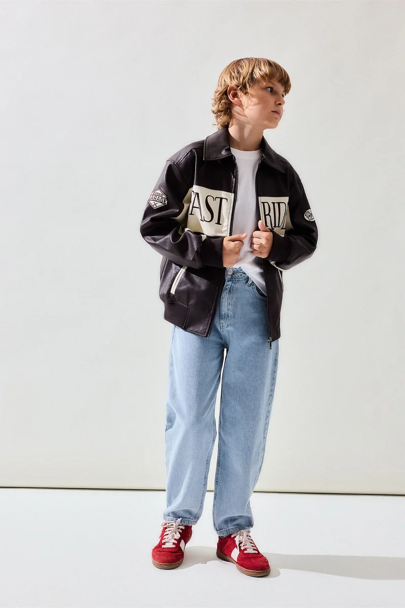 Defacto Boy Polo Collar Taffeta Faux Leather Jacket