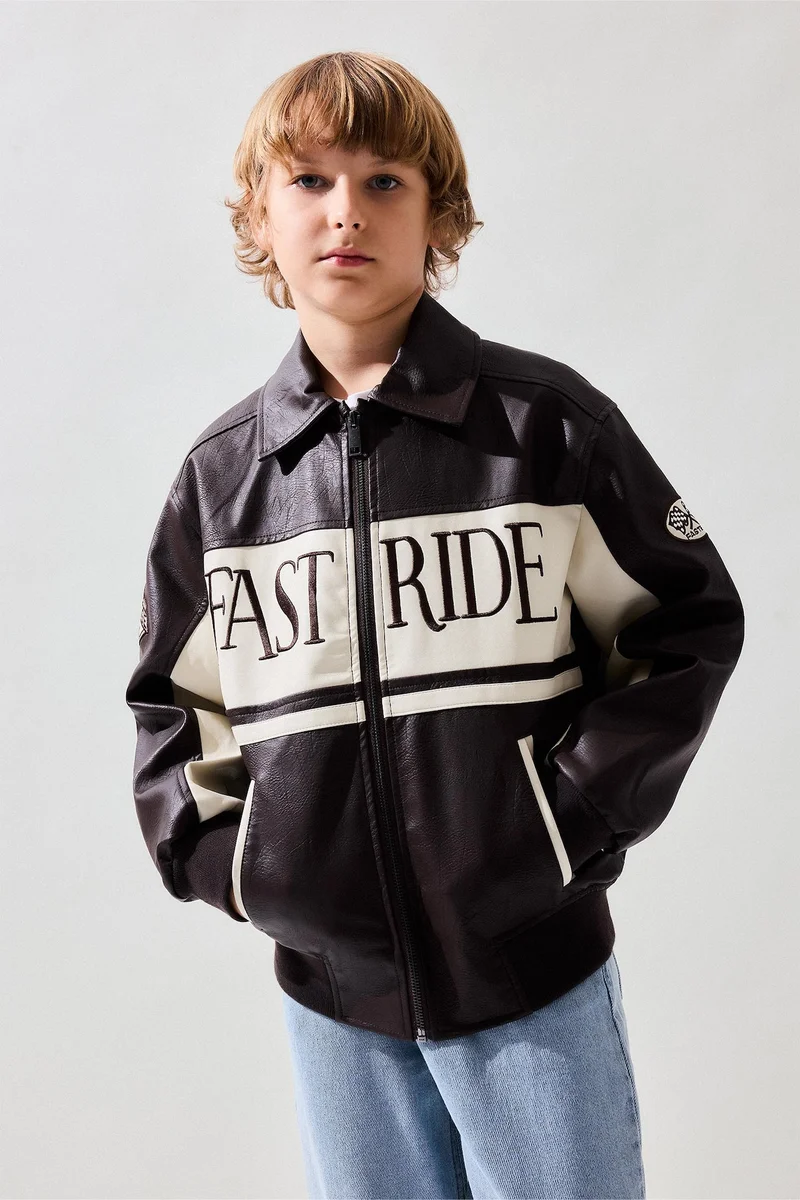 Defacto Boy Polo Collar Taffeta Faux Leather Jacket