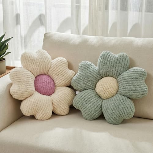 JZNEXD 2 Pcs Sage Green Decorative Throw Pillows 15 Cute Daisy Flower Shaped Pillow Floor Seating Cushion for Bed Couch Bedroom Room Dorm Decor Sage Green Ivory - Image 1