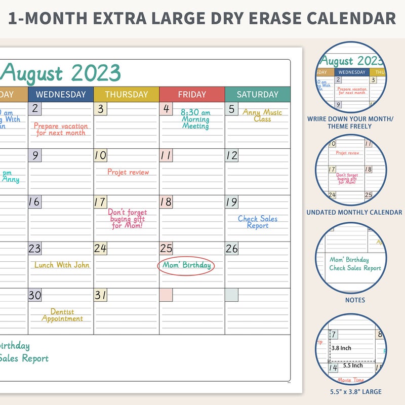 Shoparr Large Dry Erase Calendar for Wall - Undated Dry Erase Calendar, Erasable Laminated Calendars for Wall with 8 Round Stickers, 40" x 28", Monthly Calendars for Office, Home, Classroom - Colorful - Image 3