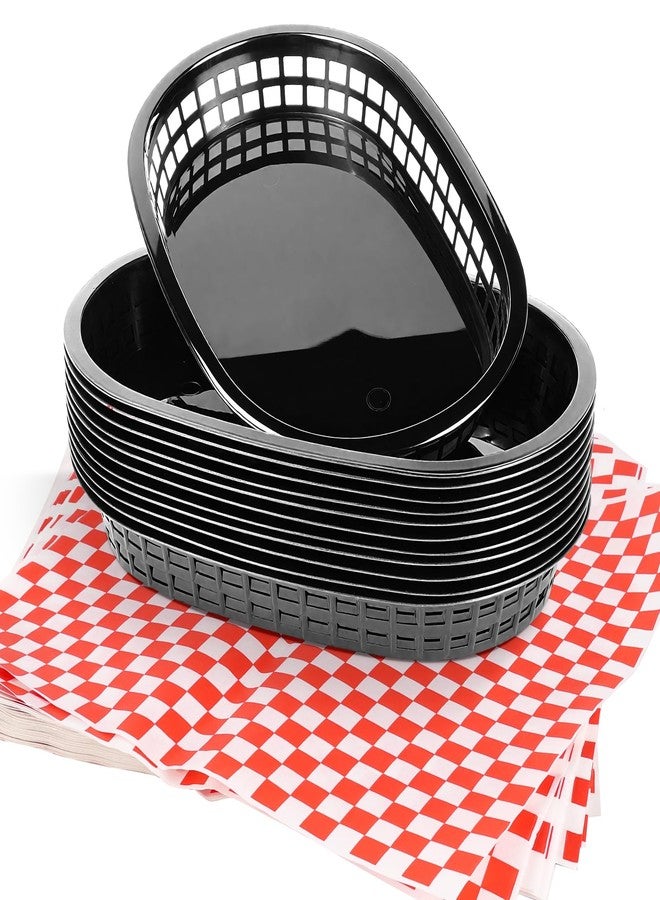 zandfelo 12 Pcs Black Fast Food Baskets and 120 Sheets 12'' Red Checkered Deli Liners, Classic Deli Baskets with Checkered Deli Papers - Image 1