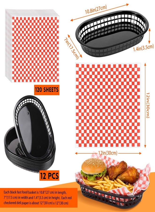 zandfelo 12 Pcs Black Fast Food Baskets and 120 Sheets 12'' Red Checkered Deli Liners, Classic Deli Baskets with Checkered Deli Papers - Image 2