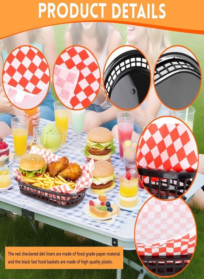 zandfelo 12 Pcs Black Fast Food Baskets and 120 Sheets 12'' Red Checkered Deli Liners, Classic Deli Baskets with Checkered Deli Papers - Image 3