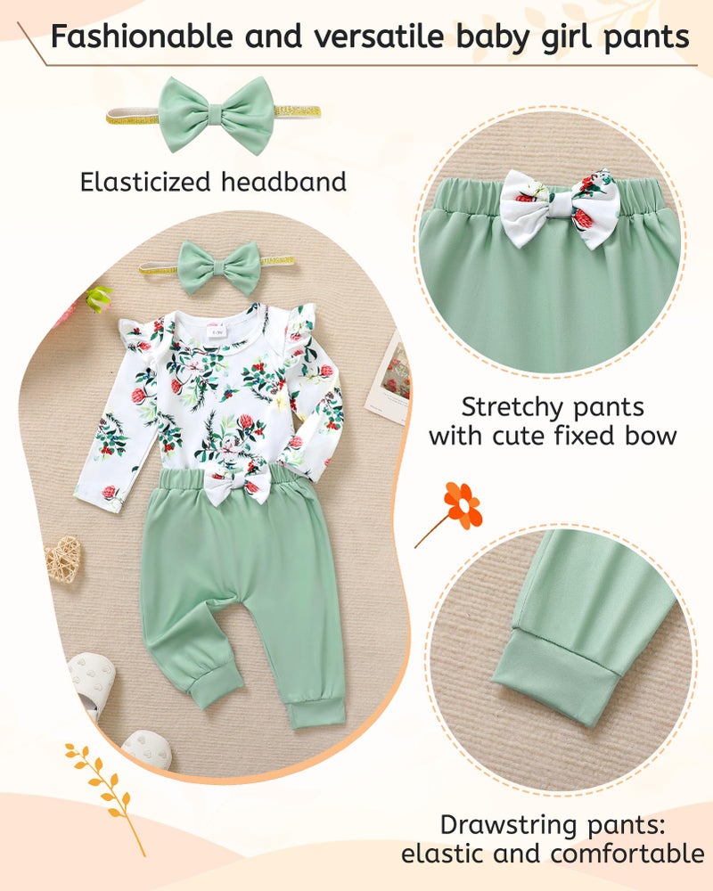 YALLET Baby Girl Clothes Newborn Infant Outfits Floral Romper+Pants+Headband Fall Baby Clothes for Girls 0 3 6 12 18 Months(Green, 0-3 Months) - Image 4