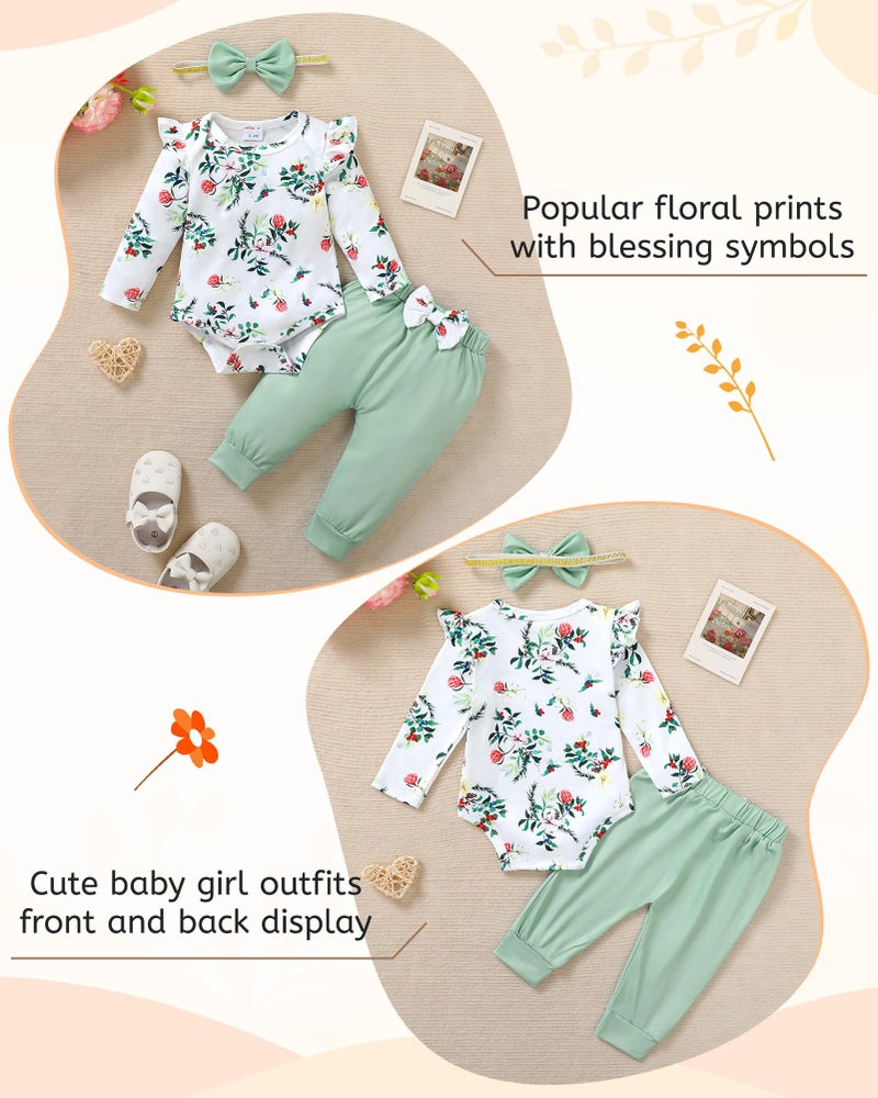 YALLET Baby Girl Clothes Newborn Infant Outfits Floral Romper+Pants+Headband Fall Baby Clothes for Girls 0 3 6 12 18 Months(Green, 0-3 Months) - Image 2