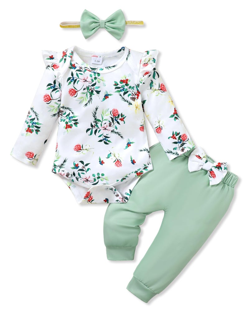 YALLET Baby Girl Clothes Newborn Infant Outfits Floral Romper+Pants+Headband Fall Baby Clothes for Girls 0 3 6 12 18 Months(Green, 0-3 Months) - Image 1
