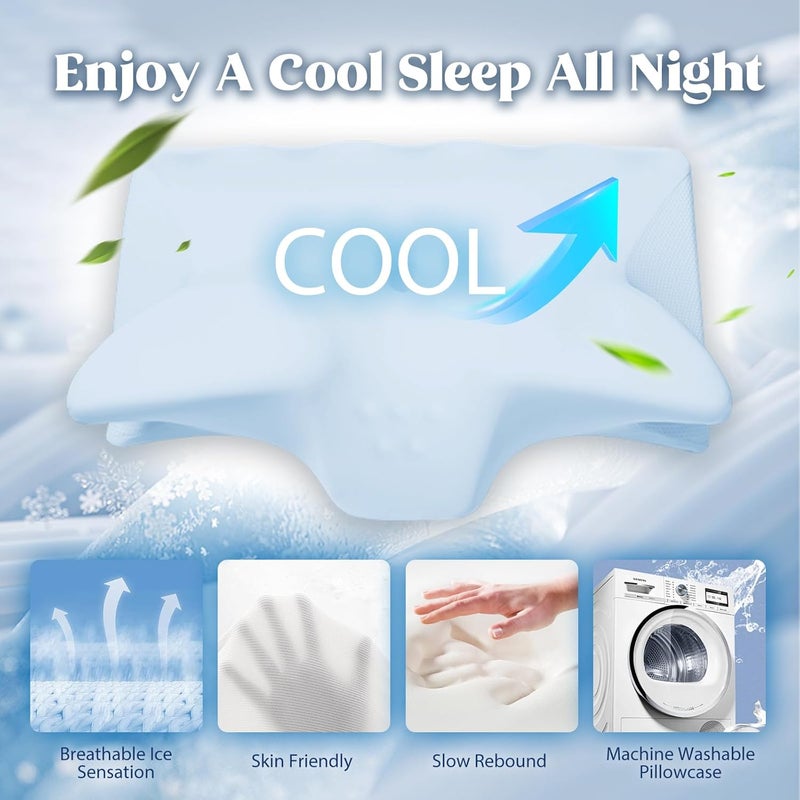BEDCOOL Cervical Neck Pillow for Pain Relief,Ergonomic Contour Memory Foam Pillows for Sleeping,Cooling odorless Neck Support Pillow for Side Back Stomach Sleeper,with Washable Pillowcase,Blue - Image 3