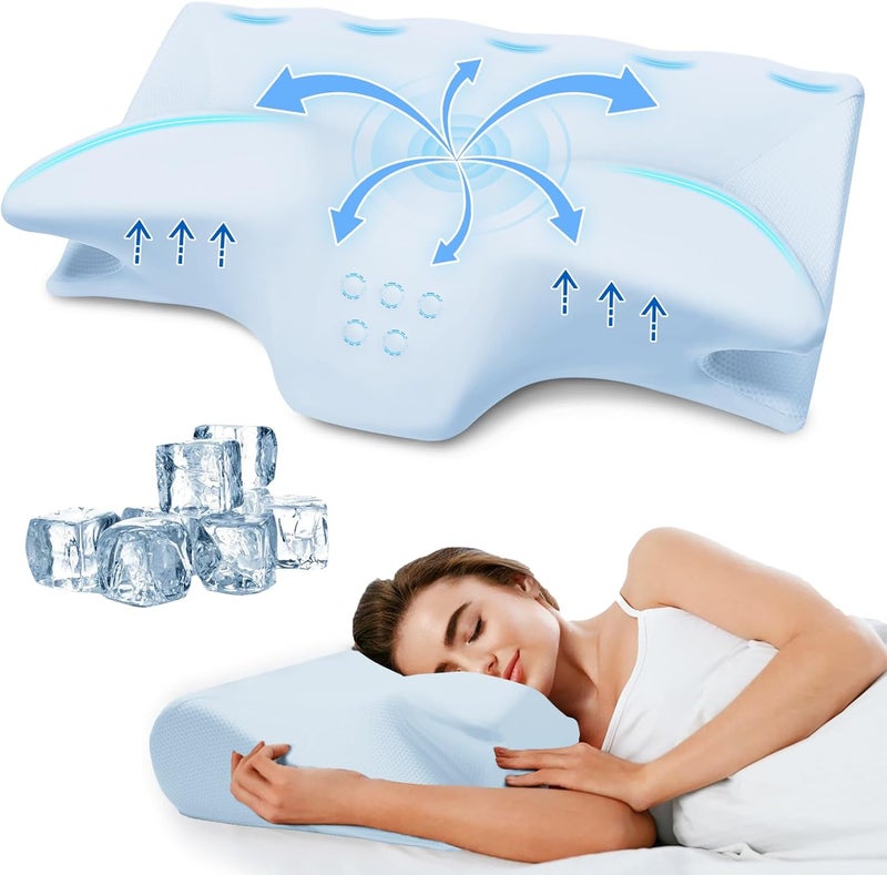 BEDCOOL Cervical Neck Pillow for Pain Relief,Ergonomic Contour Memory Foam Pillows for Sleeping,Cooling odorless Neck Support Pillow for Side Back Stomach Sleeper,with Washable Pillowcase,Blue - Image 1
