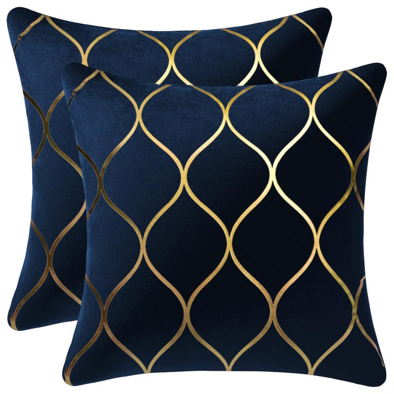 DEZENE Gold Velvet Throw Pillow Covers Navy 2 Pack 20x20 Inch Square Decorative Pillow Cases for Bedroom Sofa Couch Living Room