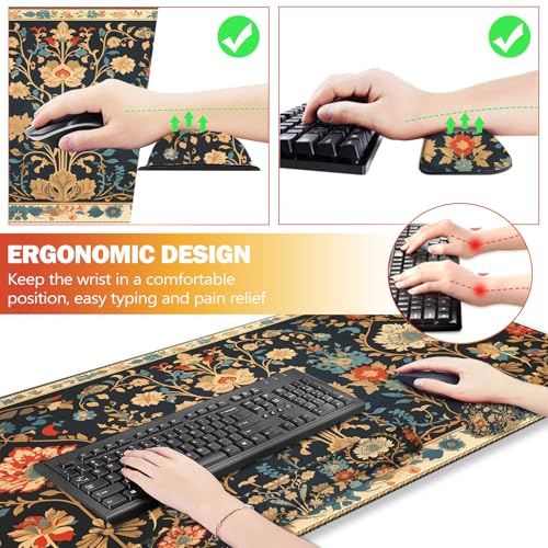 ARTSO Desk Mat Set Mouse Pad with Wrist Rest Support Keyboard Wrist Rest Large Mouse Pad Coaster Extended Gaming Mousepad Combo Retro Flower Plant - Image 3
