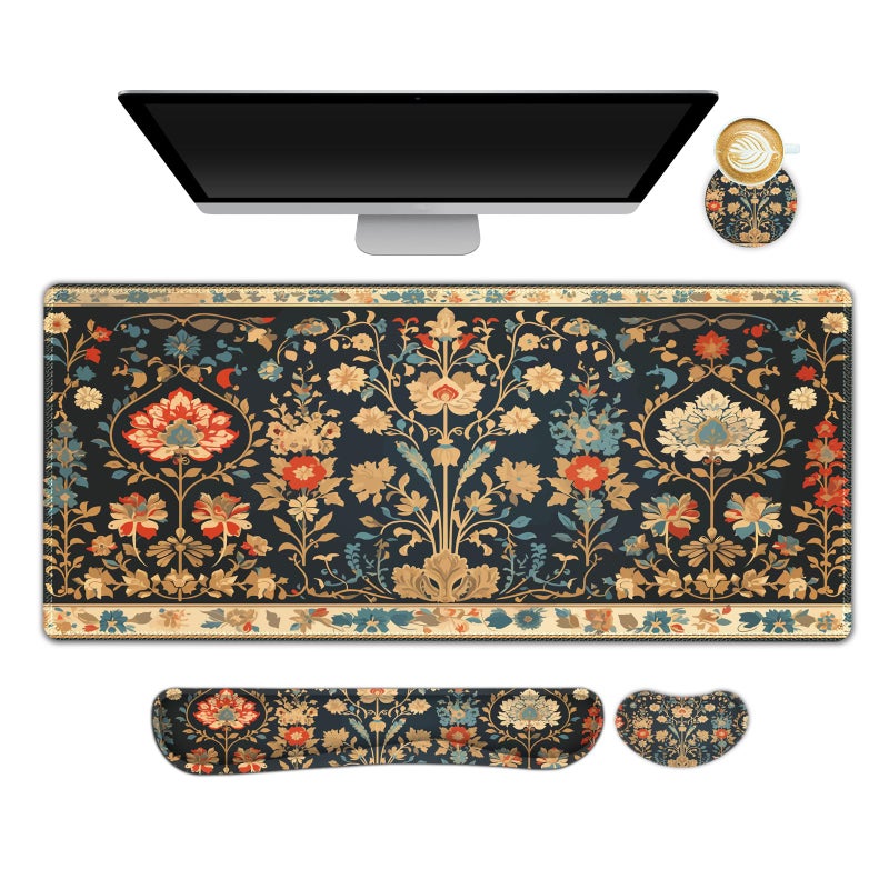 ARTSO Desk Mat Set Mouse Pad with Wrist Rest Support Keyboard Wrist Rest Large Mouse Pad Coaster Extended Gaming Mousepad Combo Retro Flower Plant - Image 2