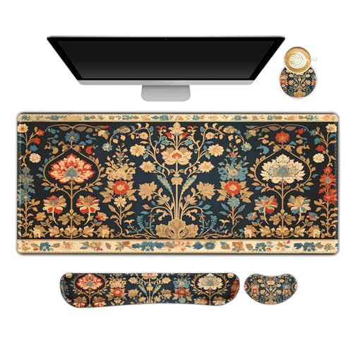 ARTSO Desk Mat Set Mouse Pad with Wrist Rest Support Keyboard Wrist Rest Large Mouse Pad Coaster Extended Gaming Mousepad Combo Retro Flower Plant - Image 1