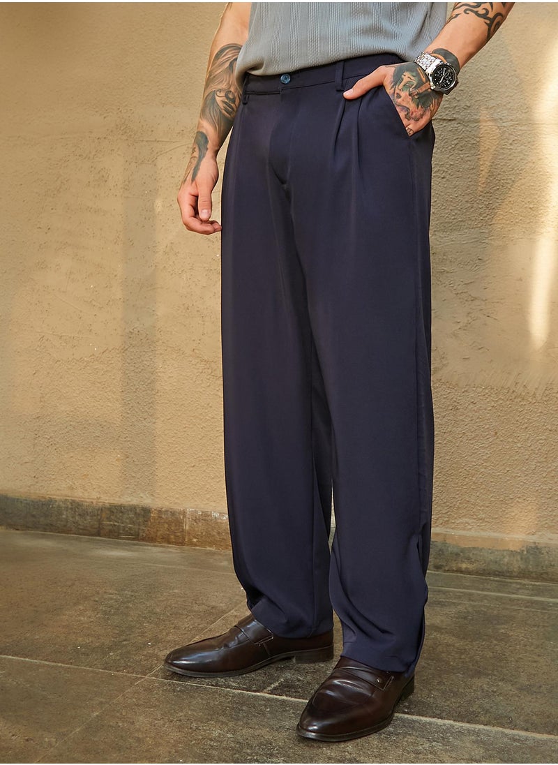 Campus Sutra Men's Midnight Black Straight-Cuffed Pleated Trousers  - Image 1
