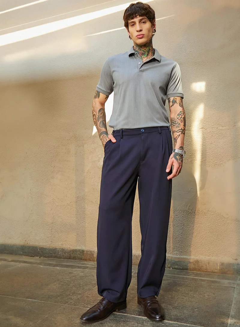 Campus Sutra Men's Midnight Black Straight-Cuffed Pleated Trousers