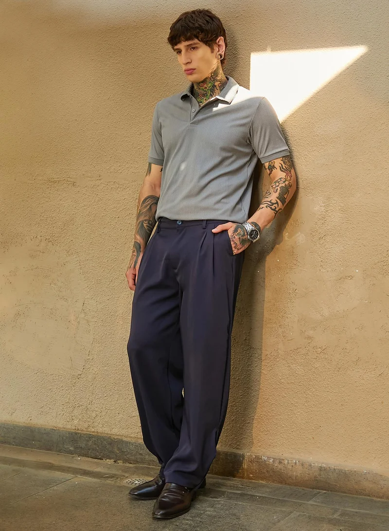 Campus Sutra Men's Midnight Black Straight-Cuffed Pleated Trousers