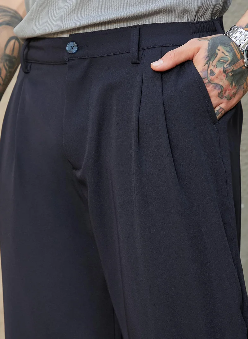 Campus Sutra Men's Midnight Black Straight-Cuffed Pleated Trousers