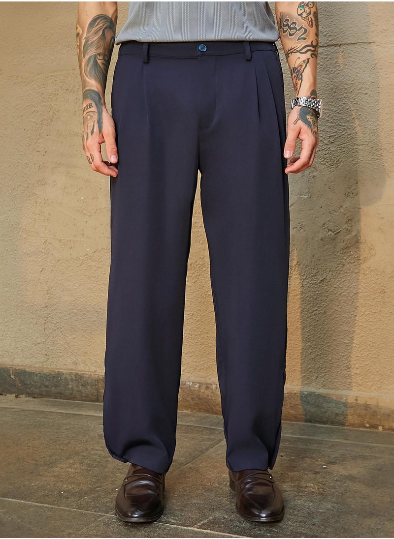 Campus Sutra Men's Midnight Black Straight-Cuffed Pleated Trousers  - Image 2