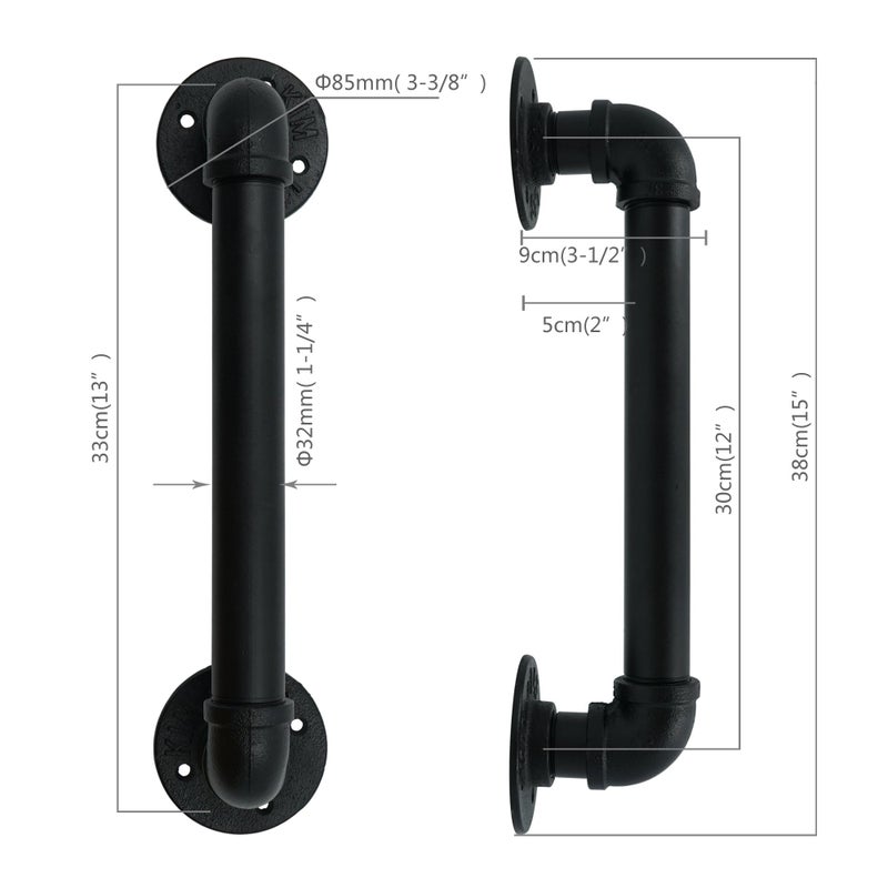 FOYO Set of 2 Industrial Pipe Door Pull Handle, Grab Bar, Towel Bar, Antique Rustic Cast Iron Handrail - Matte Black, 1-1/4"Diameter Pipe, 15 Inch - Image 2