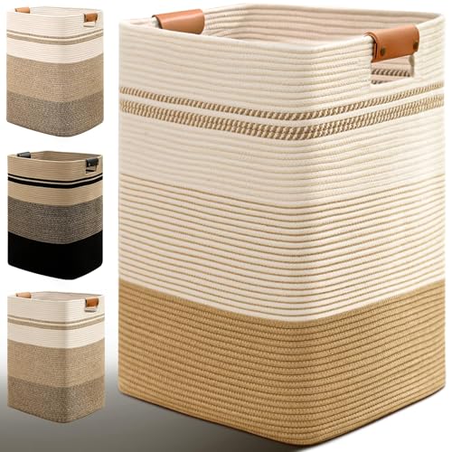 Degeyoyo Laundry Hamper, 85L Tall Laundry Basket with Leather Handles, Rectangle Large Clothes Hamper for Organizing, Cotton Woven Laundry Baskets Storage Hampers for Bedroom, Nursery, Living Room - Image 1