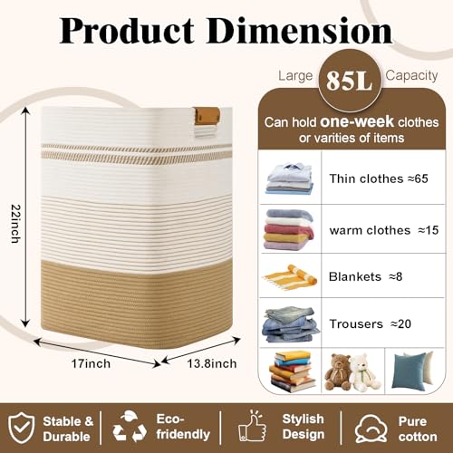 Degeyoyo Laundry Hamper, 85L Tall Laundry Basket with Leather Handles, Rectangle Large Clothes Hamper for Organizing, Cotton Woven Laundry Baskets Storage Hampers for Bedroom, Nursery, Living Room - Image 3
