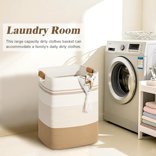 Degeyoyo Laundry Hamper, 85L Tall Laundry Basket with Leather Handles, Rectangle Large Clothes Hamper for Organizing, Cotton Woven Laundry Baskets Storage Hampers for Bedroom, Nursery, Living Room - Image 4