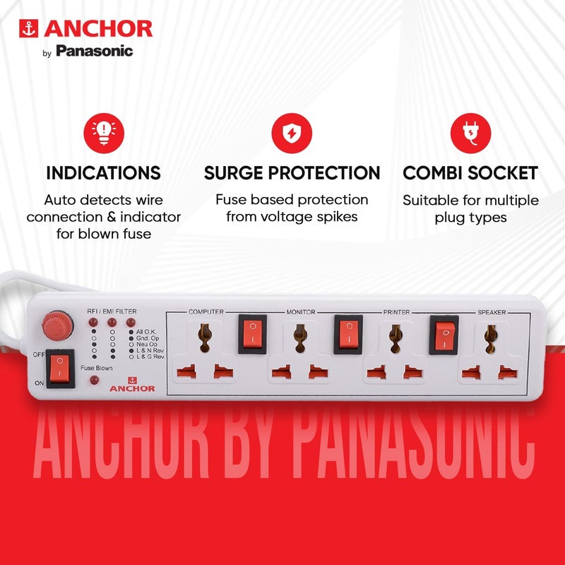 Anchor by Panasonic 4 way 6A Universal Socket with 3 Switch 1 Master Switch 4 Way Extension Board with 15 Mtr Extension Cord Multi Plug Socket for Home Wall Office 22568 - Image 4