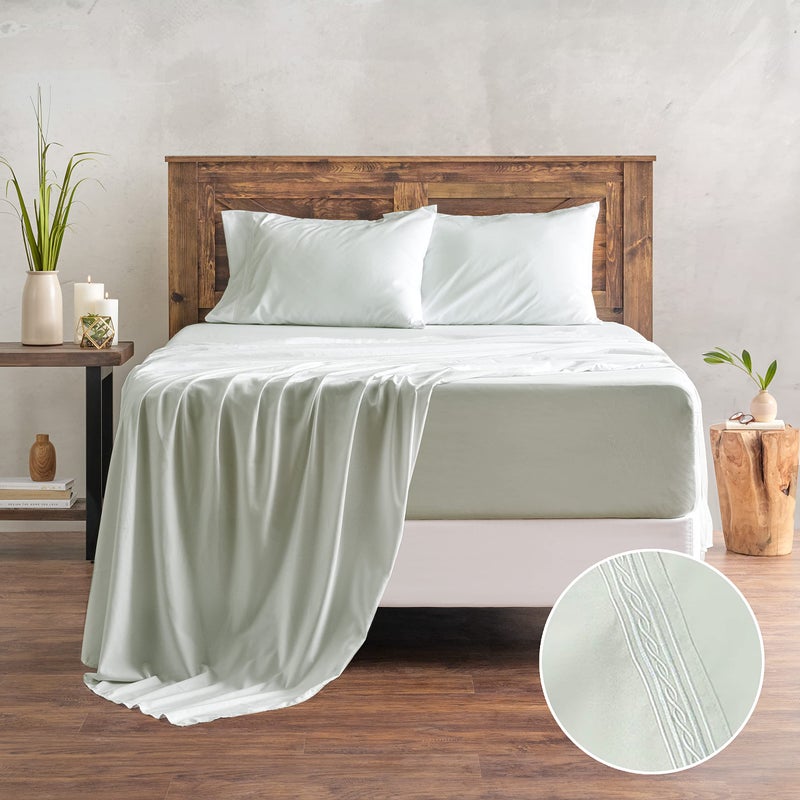 Chanasya Chanasya Premium Soft Sage Green King Bed Sheets Set 4-Piece - Percale Microfiber - Fitted Sheet Flat Sheet and Pillow Cases - Deep Pocket Wrinkle Resistant (King) Sage Pearl  - Image 2