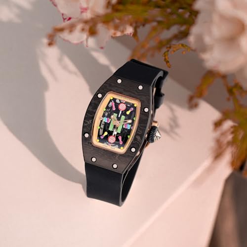 FEICE Women's Automatic Wrist Watch Fashion Skeleton Mechanical Watch with Carbon Fiber Strap Waterproof Wristwatch for Ladies FM606Black - Image 4