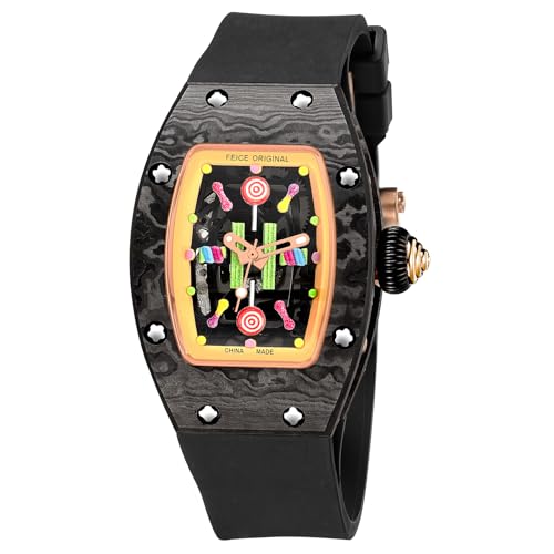 FEICE Women's Automatic Wrist Watch Fashion Skeleton Mechanical Watch with Carbon Fiber Strap Waterproof Wristwatch for Ladies FM606Black - Image 1
