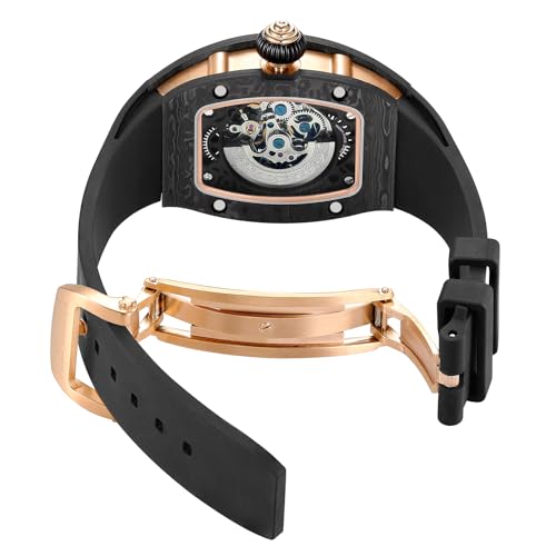 FEICE Women's Automatic Wrist Watch Fashion Skeleton Mechanical Watch with Carbon Fiber Strap Waterproof Wristwatch for Ladies FM606Black - Image 3