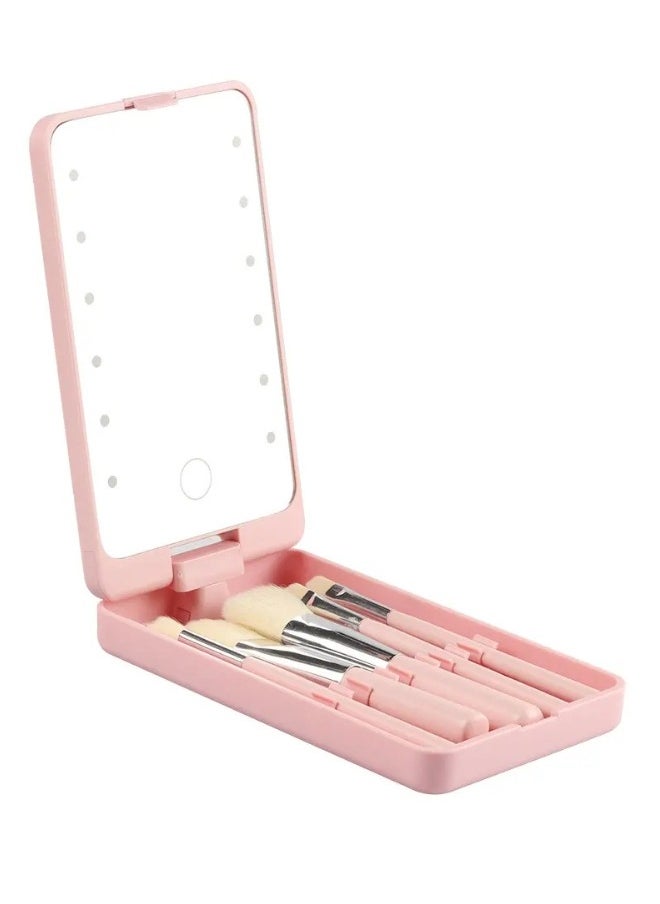 daroge Makeup Brush Set with LED light Mirror 5 Pcs Pink 