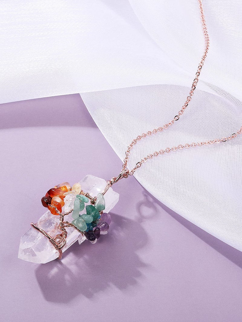 PESOENTH 7 Chakra Clear Quartz Tree of Life Crystal Pendant Necklace for Women Natural Gemstone Healing Crystal Hexagonal Point Jewelry Spiritual Gifts - Image 3