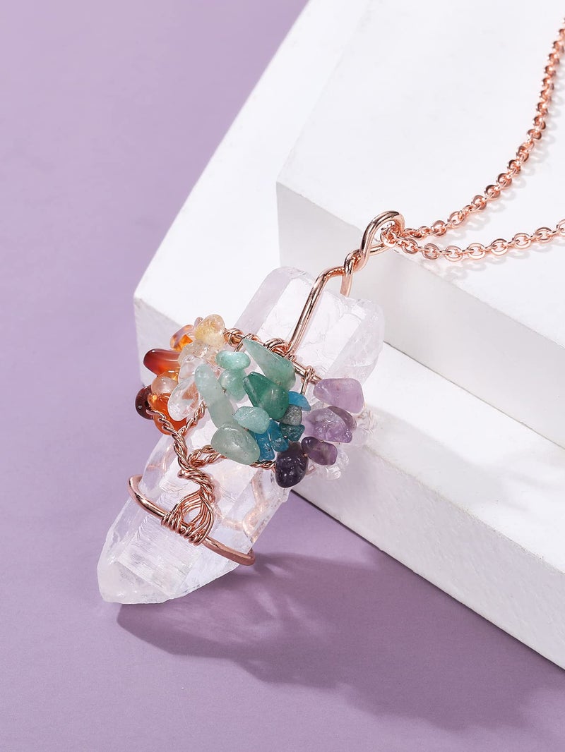 PESOENTH 7 Chakra Clear Quartz Tree of Life Crystal Pendant Necklace for Women Natural Gemstone Healing Crystal Hexagonal Point Jewelry Spiritual Gifts - Image 4