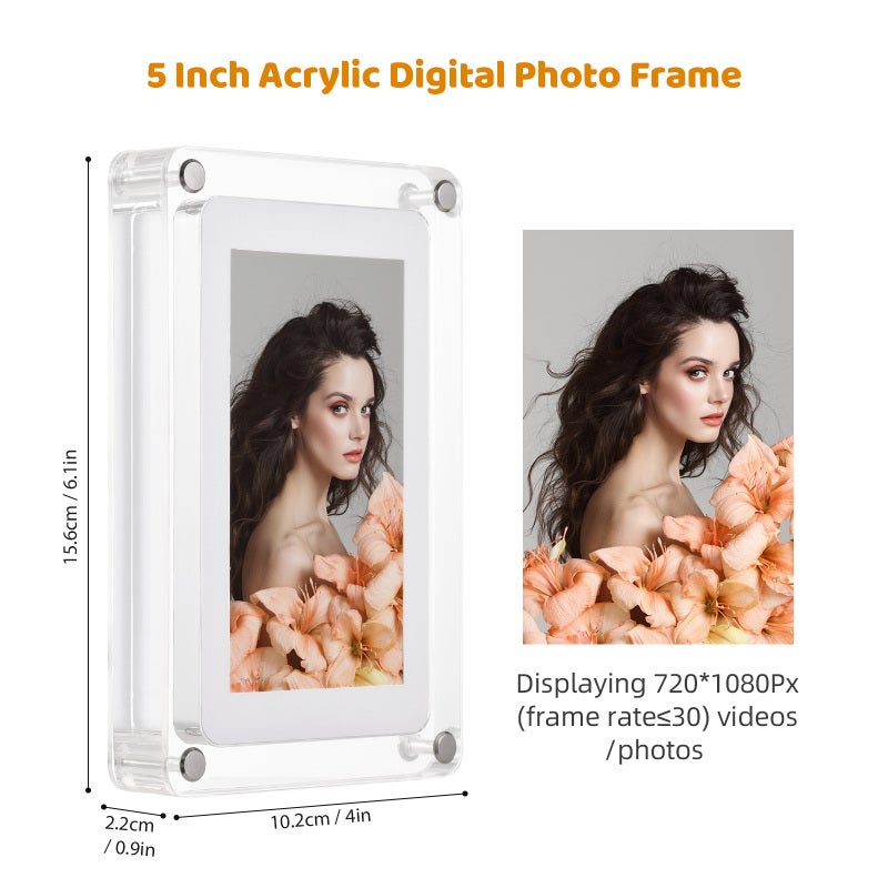 إطار صور رقمي: شاشة LCD مقاس 5 بوصات، ذاكرة 8 جيجابايت، بطارية قابلة لإعادة الشحن مدمعة سعة 1000 مللي أمبير ساعة - دوران تلقائي، إطار صور رقمي أكريليكي للمنزل والمكتب، كهدية لأقارب وأصدقاء - Image 2