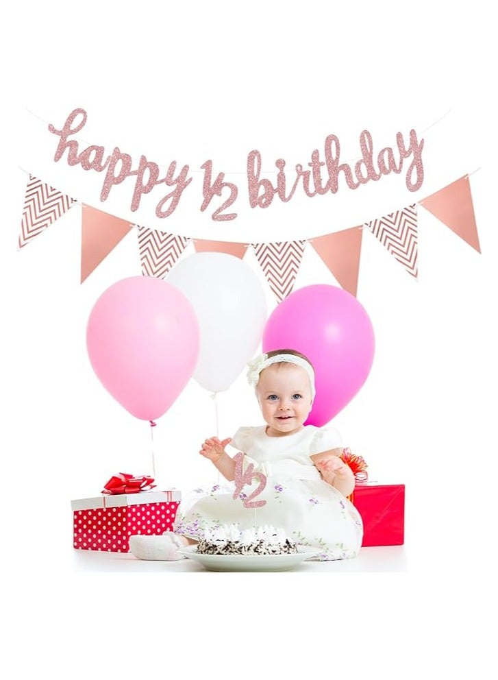 3 Pcs Half Birthday Decorations Set Include 6 Months Happy 1/2 Birthday Banner, Glitter 1/2 Half Year Cake Topper, Triangle Flag Banner for Baby Shower Party Photoshoot Props, Pre-strung(Rose Gold) - Image 3
