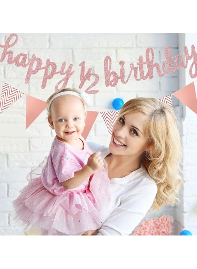 3 Pcs Half Birthday Decorations Set Include 6 Months Happy 1/2 Birthday Banner, Glitter 1/2 Half Year Cake Topper, Triangle Flag Banner for Baby Shower Party Photoshoot Props, Pre-strung(Rose Gold) - Image 4