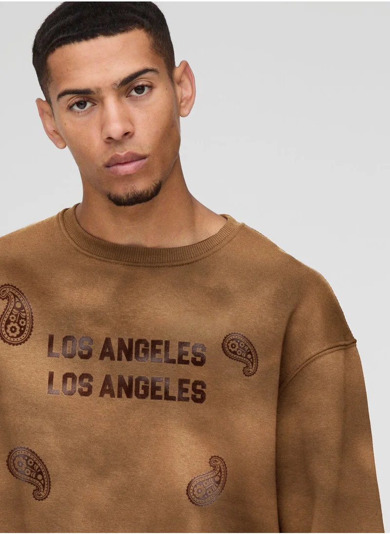 مانياك Maniac Mens Printed Round Neck Full Sleeve Brown Cotton Fleece Sweatshirt