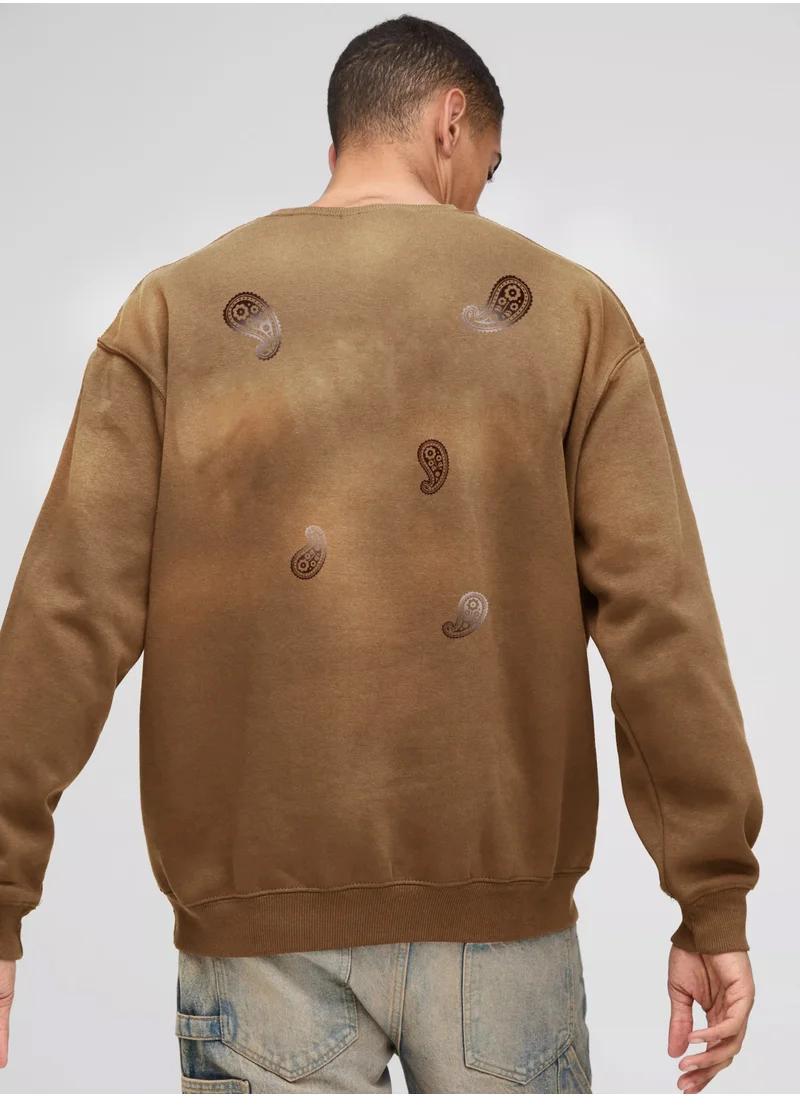 مانياك Maniac Mens Printed Round Neck Full Sleeve Brown Cotton Fleece Sweatshirt