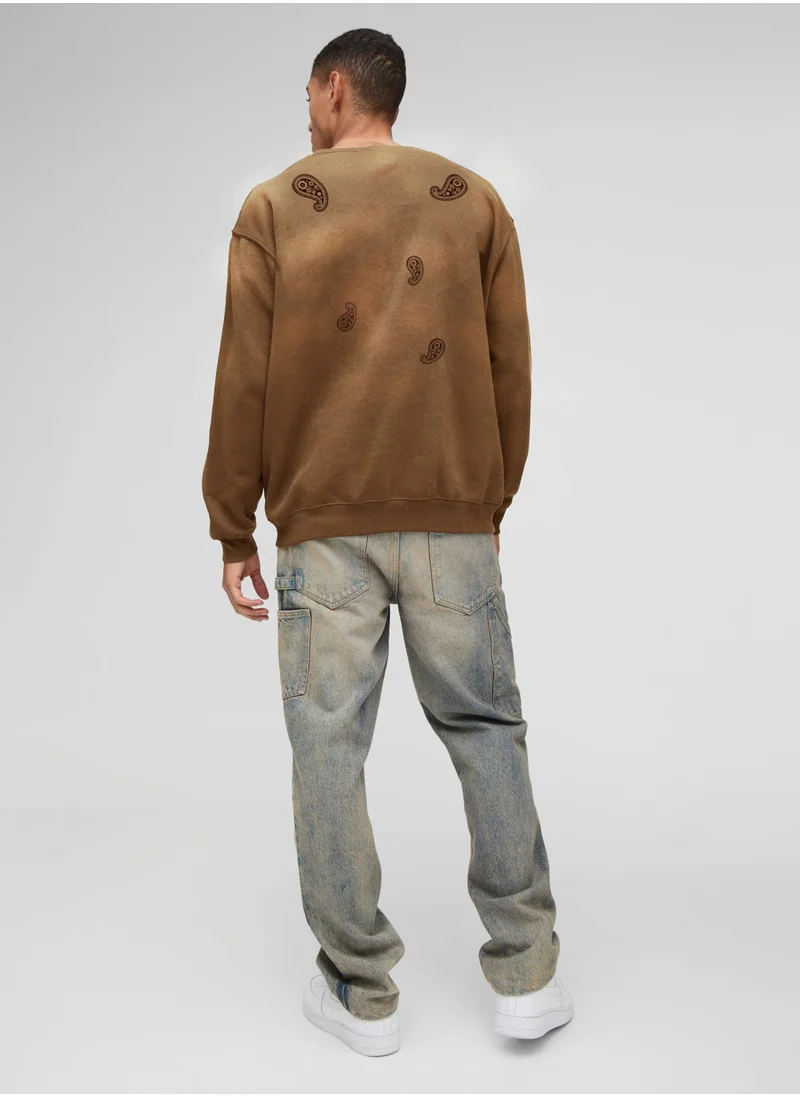 مانياك Maniac Mens Printed Round Neck Full Sleeve Brown Cotton Fleece Sweatshirt