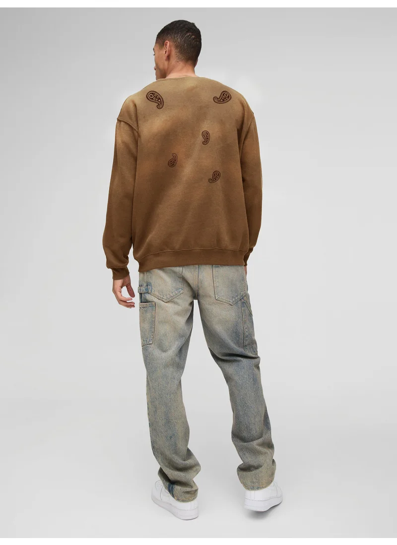 مانياك Maniac Mens Printed Round Neck Full Sleeve Brown Cotton Fleece Sweatshirt