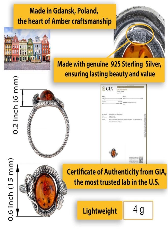 هوليداي غفت شوب خاتم ثعبان من الفضة الإسترلينية المعتمدة من معهد الأحجار الكريمة الأمريكي (GIA) والعنبر العسلي البلطيقي، من متجر هدايا العطلات - مقاس 7 - Image 3