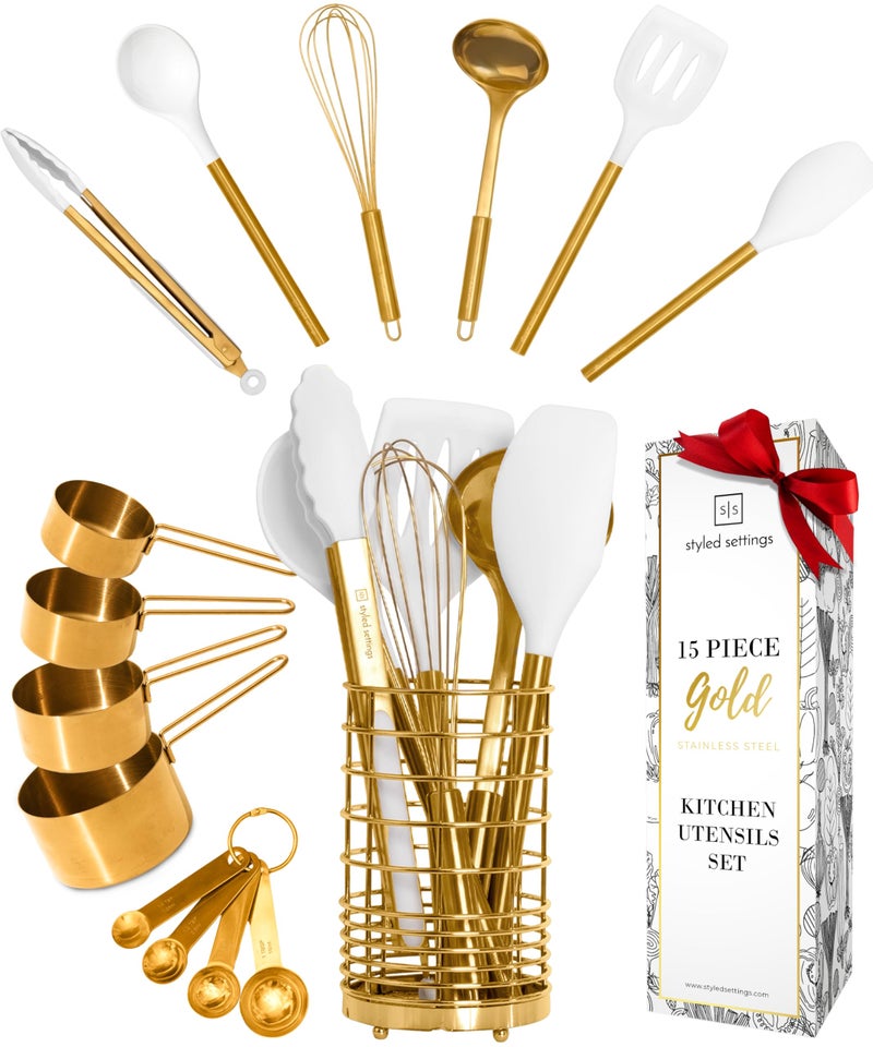 Styled Settings White and Gold Cooking Utensils Set with Holder  15Piece Silicone Cooking Tools with Utensil Holder Measuring Cups and Spoons  Elegant White and Gold Kitchen Accessories