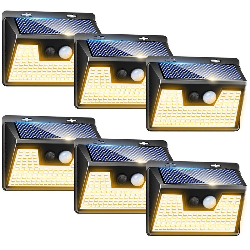 Peasur Solar Lights Outdoor Waterproof 6 Pack140LED Warm White Motion Sensor Lights Dusk to Dawn 3 Modes Solar Fence Security Lighting for Wall Garden Yard Stair Outside