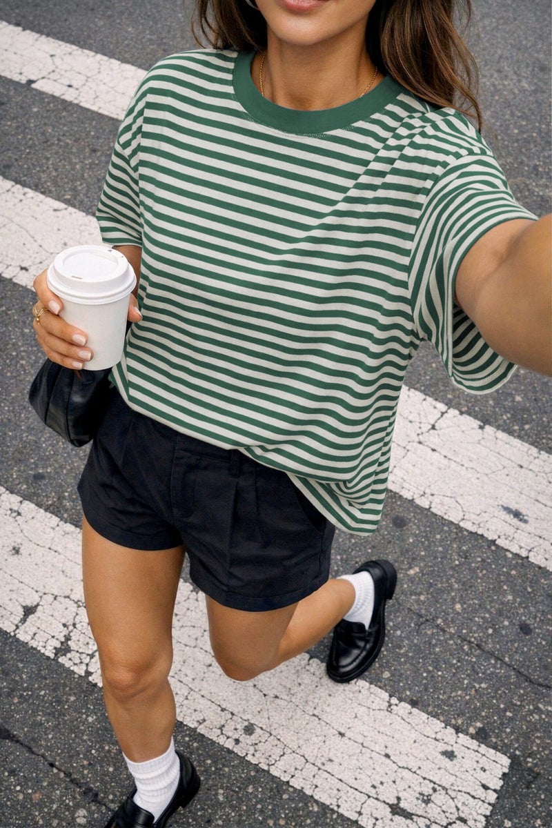 CHYRII Womens Oversized Striped T Shirts Crewneck Short Sleeve Loose Fit Casual Fashion 2026 Summer Y2K Tops (Green XS) - Image 3